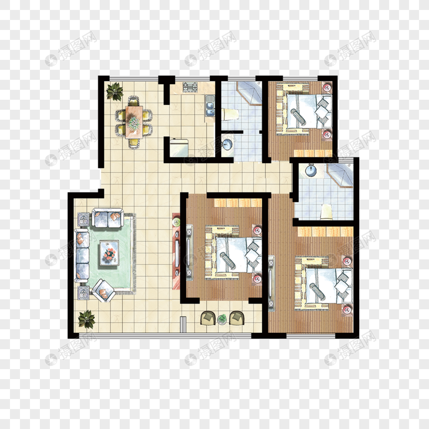 三室二厅家居平面户型图图片