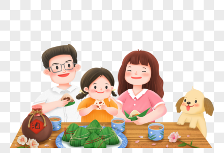 吃粽子的一家人高清图片