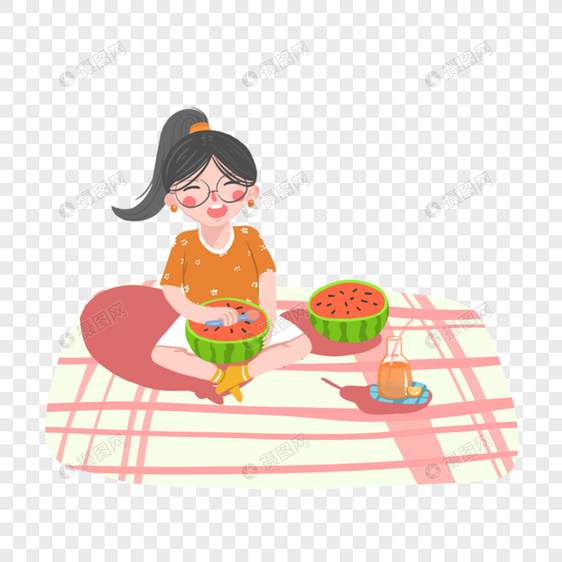 野餐吃西瓜的女孩图片