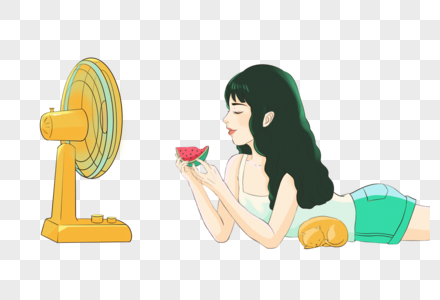 吹风扇吃西瓜的女孩图片