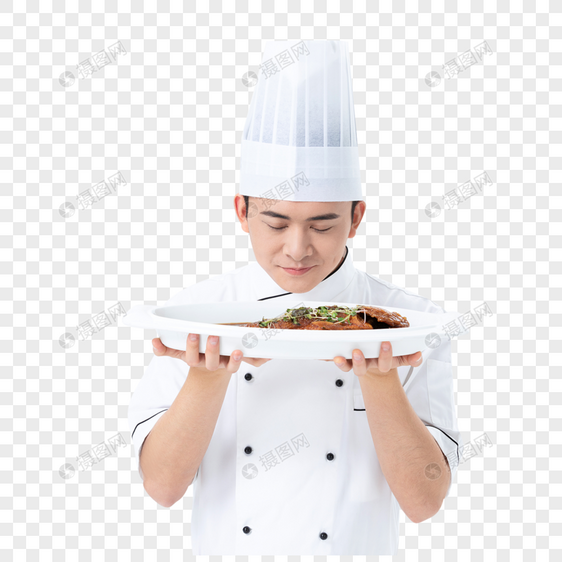 厨师手捧红烧鱼菜品图片