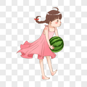 抱着西瓜的女孩图片素材