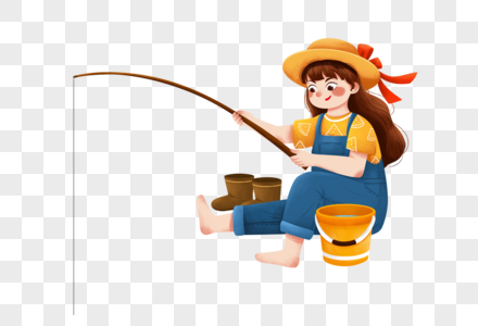 坐着钓鱼的女孩高清图片