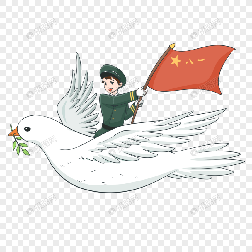 军人乘坐鸽子挥舞军旗图片