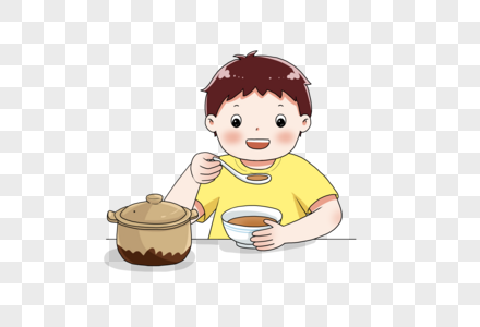 苦瓜鲈鱼煲喝凉茶的男孩素材