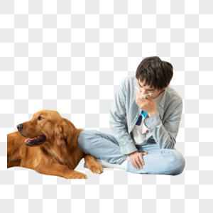 生病的男孩与陪伴的金毛犬图片