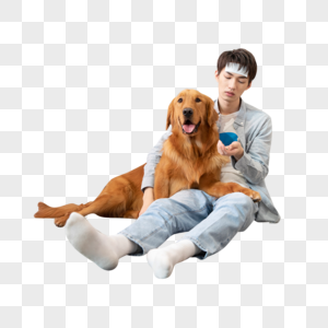 生病的男孩与陪伴的金毛犬图片