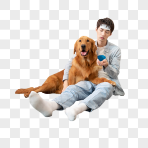 生病的男孩与陪伴的金毛犬图片