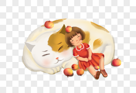 儿童梦幻图片躺在猫怀里睡觉的女孩素材