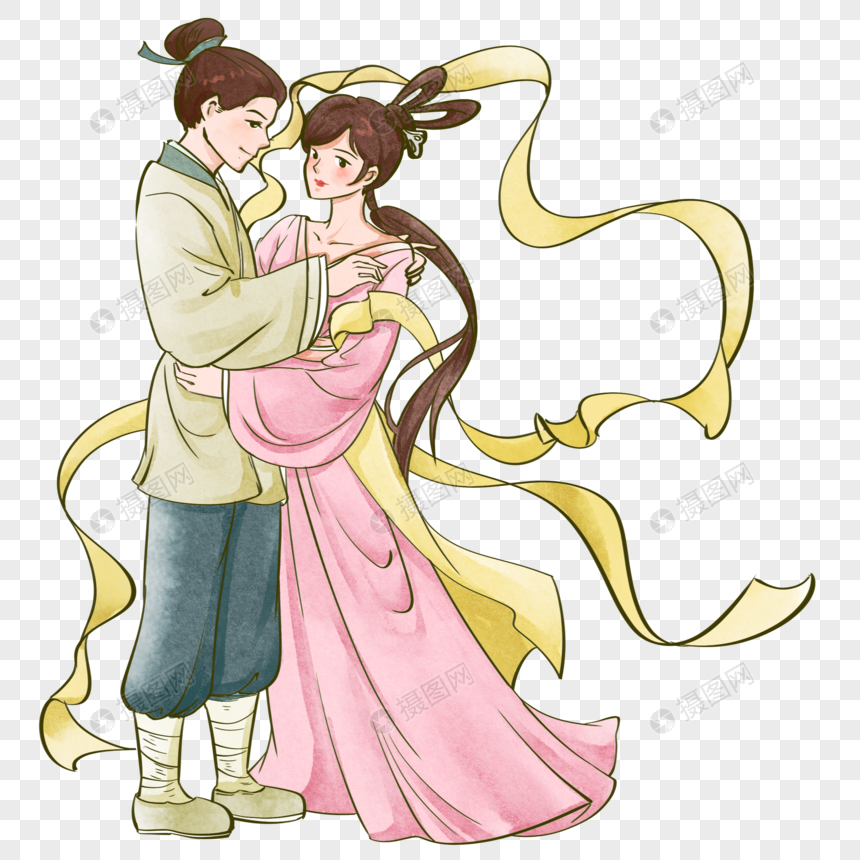古风水墨勾线风格牛郎织女拥抱