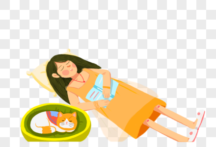 躺着睡觉的女孩和猫咪图片