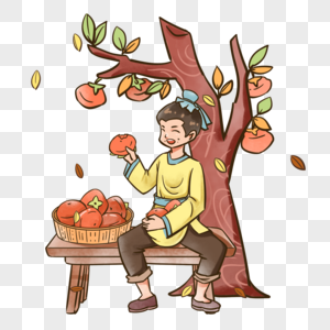 在柿子树底下吃柿子的男子图片