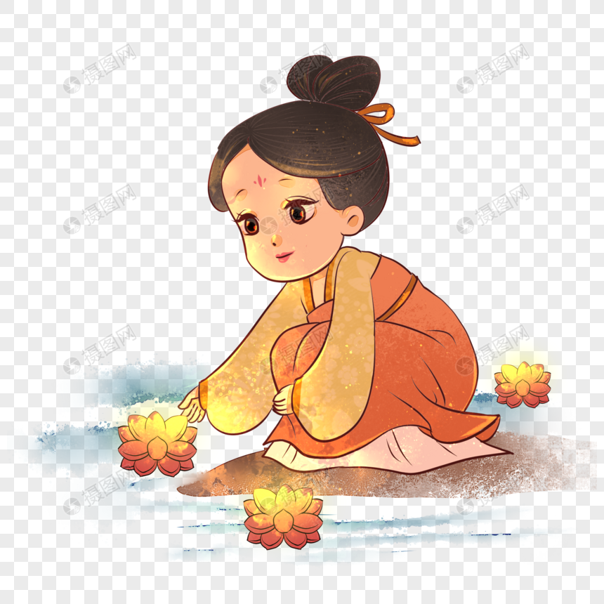 手绘卡通女孩放河灯