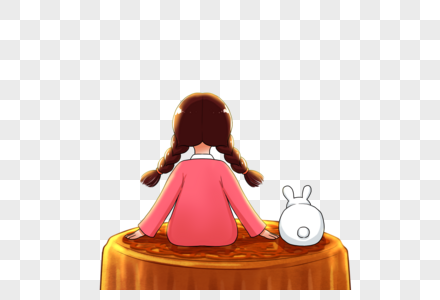 女孩和玉兔坐在月饼上图片