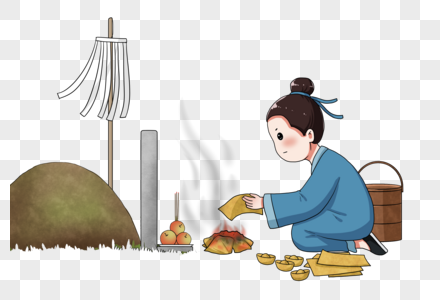 古代男子烧纸锭祭祖图片素材