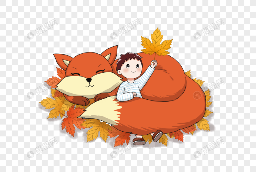 躺在枫叶上的男孩和狐狸图片