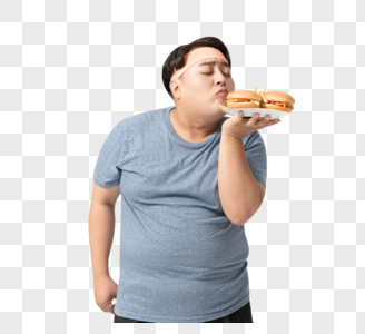 肥胖男士手拿汉堡图片