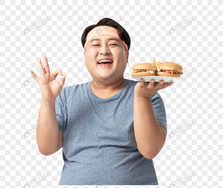 肥胖男士手拿汉堡OK手势图片