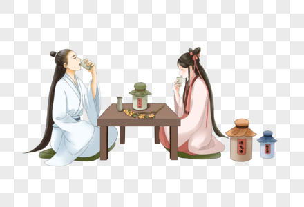 喝桂花酒的古风情侣图片素材