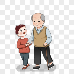 祖孙拉手男孩陪爷爷散步素材