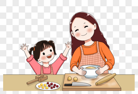 女孩和妈妈一起做月饼图片