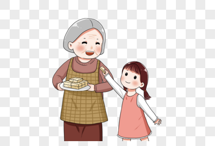 小女孩喂奶奶吃重阳糕图片