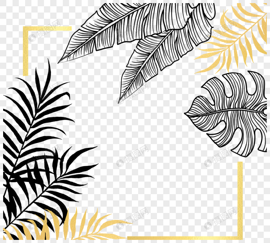 黑金植物叶子手绘边框金箔图片
