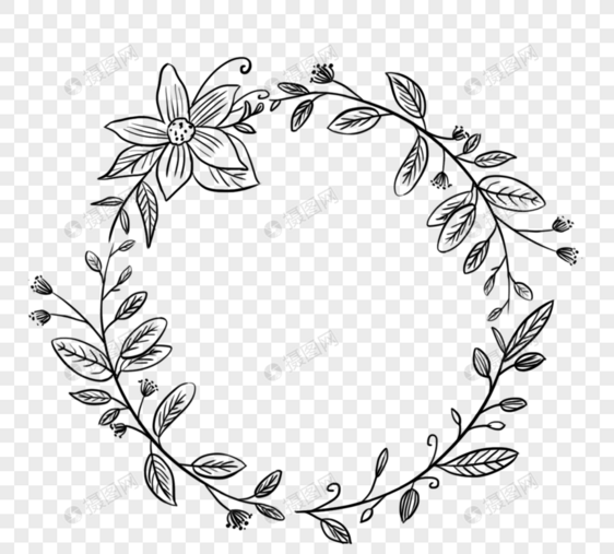 黑色手绘线侧婚礼装饰与环绕圆形花卉植物绿色叶子边框图片