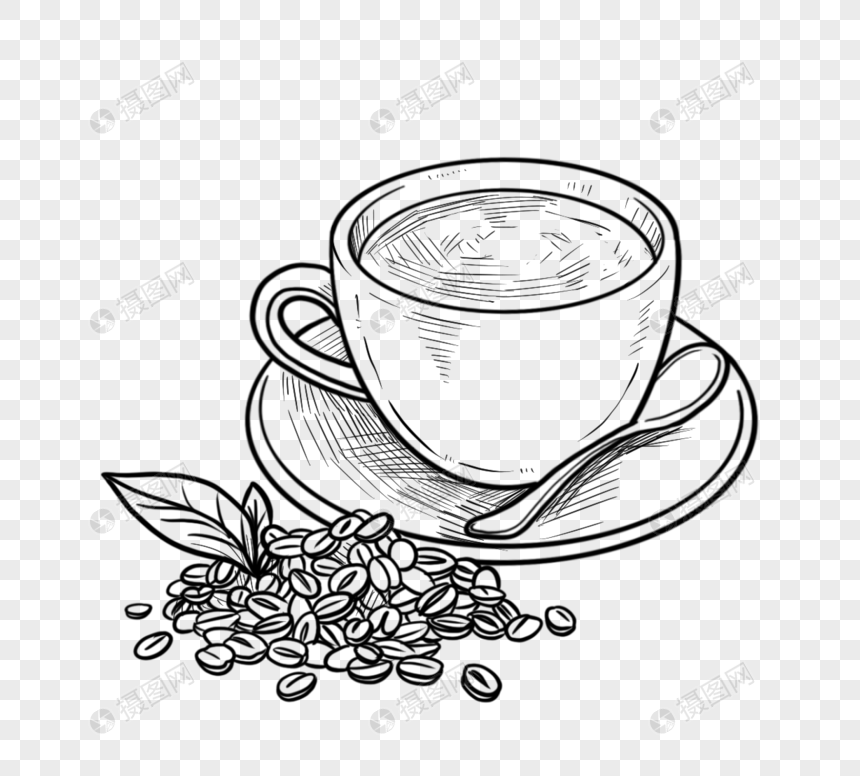 咖啡豆黑白线稿咖啡杯图片