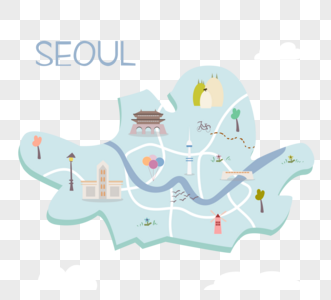 韩国首尔清新平面旅行旅游景点地图上标志摄像图片