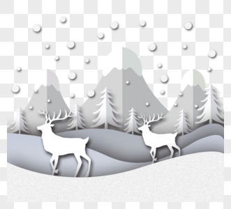 雪山松树雪地麋鹿剪纸图片
