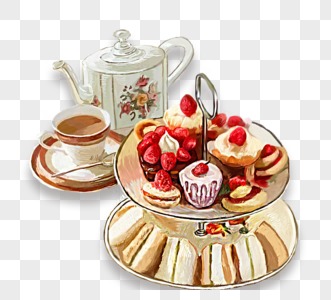 英式下午茶饼干三明治套装茶杯手绘元素图片