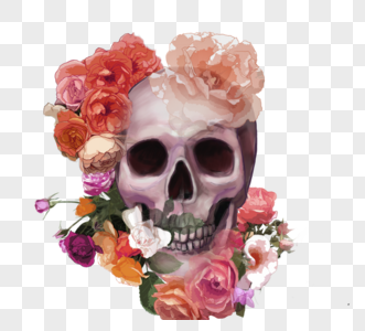 彩色花卉骷髅头手绘元素图片