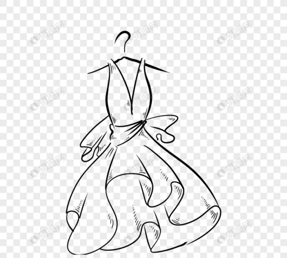 手绘黑白线描女性婚礼礼服图片
