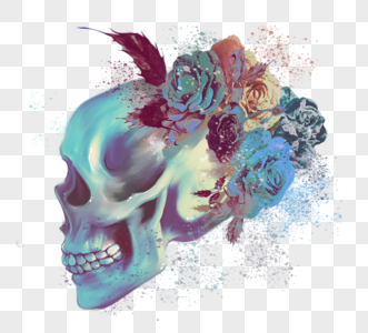 手绘蓝色紫色花卉头骨骷髅头元素图片