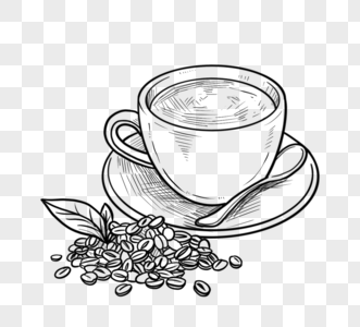 黑色和白色线描咖啡元素图片