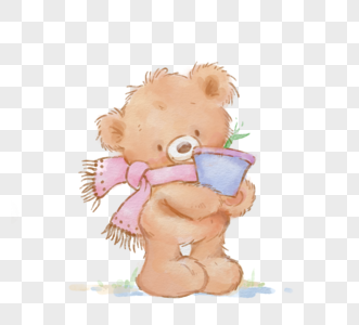 卡通棕色小熊粉色围巾花盆元素高清图片