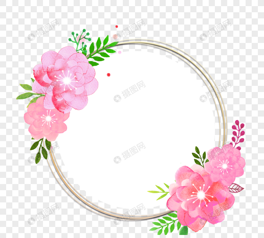 水彩粉色花朵金色豪华圆形边框图片