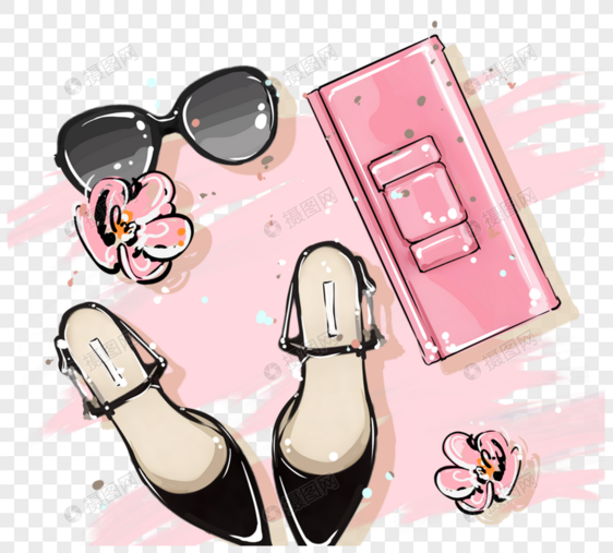 太阳镜高跟鞋时尚单花手绘插图图片