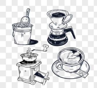 咖啡豆手冲壶研磨机咖啡杯黑白线性吃水高清图片