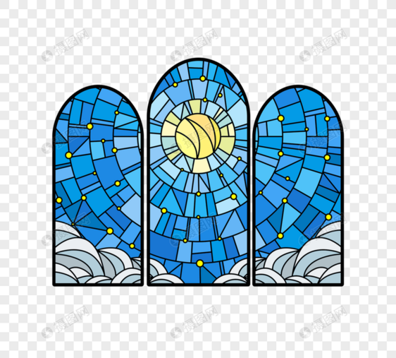 蓝色哥特教堂玻璃太阳彩绘元素图片