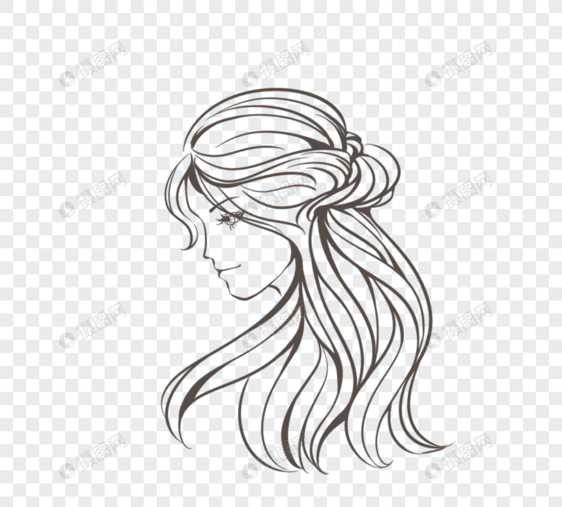 创意手绘线条咖啡色卷发女人侧脸图片
