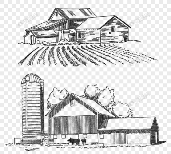 农场房子自然农田手绘元素图片