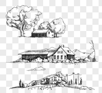 农田乡村手绘房屋元素图片