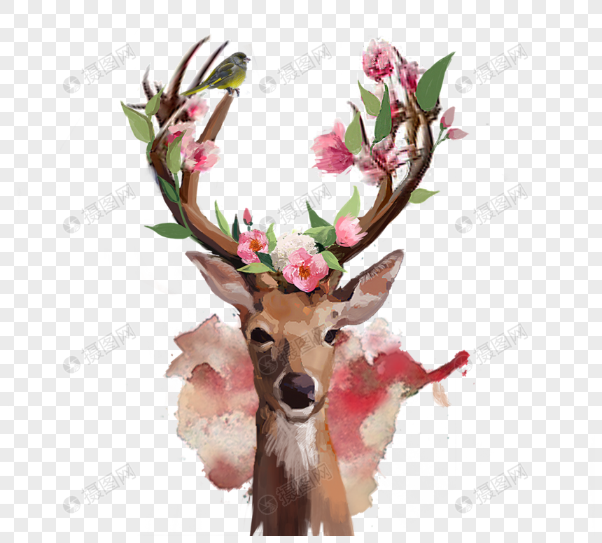 花卉枝叶鹿水彩拼接元素图片
