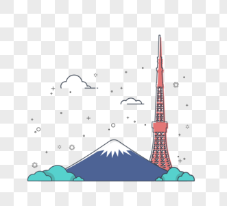 日本富士山东京塔云朵清新建筑线条设计图片