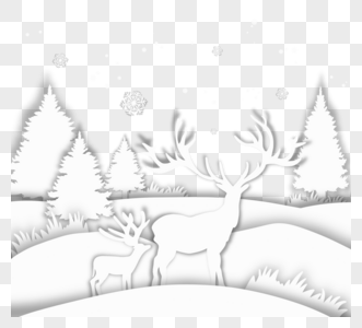 麋鹿雪花松树剪纸图片