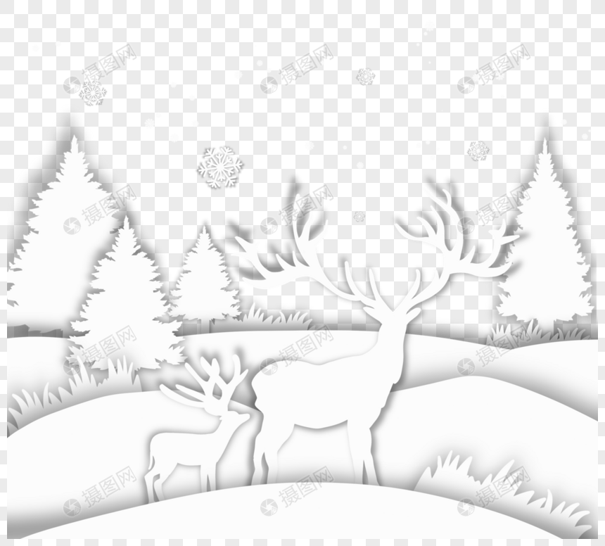 麋鹿雪花松树剪纸图片