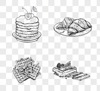 羊角面包蛋糕华夫饼蛋糕黑白兽素描元素图片