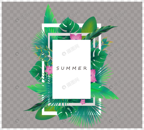 绿色边框元素夏季清新淡雅粉色花朵和叶子图片